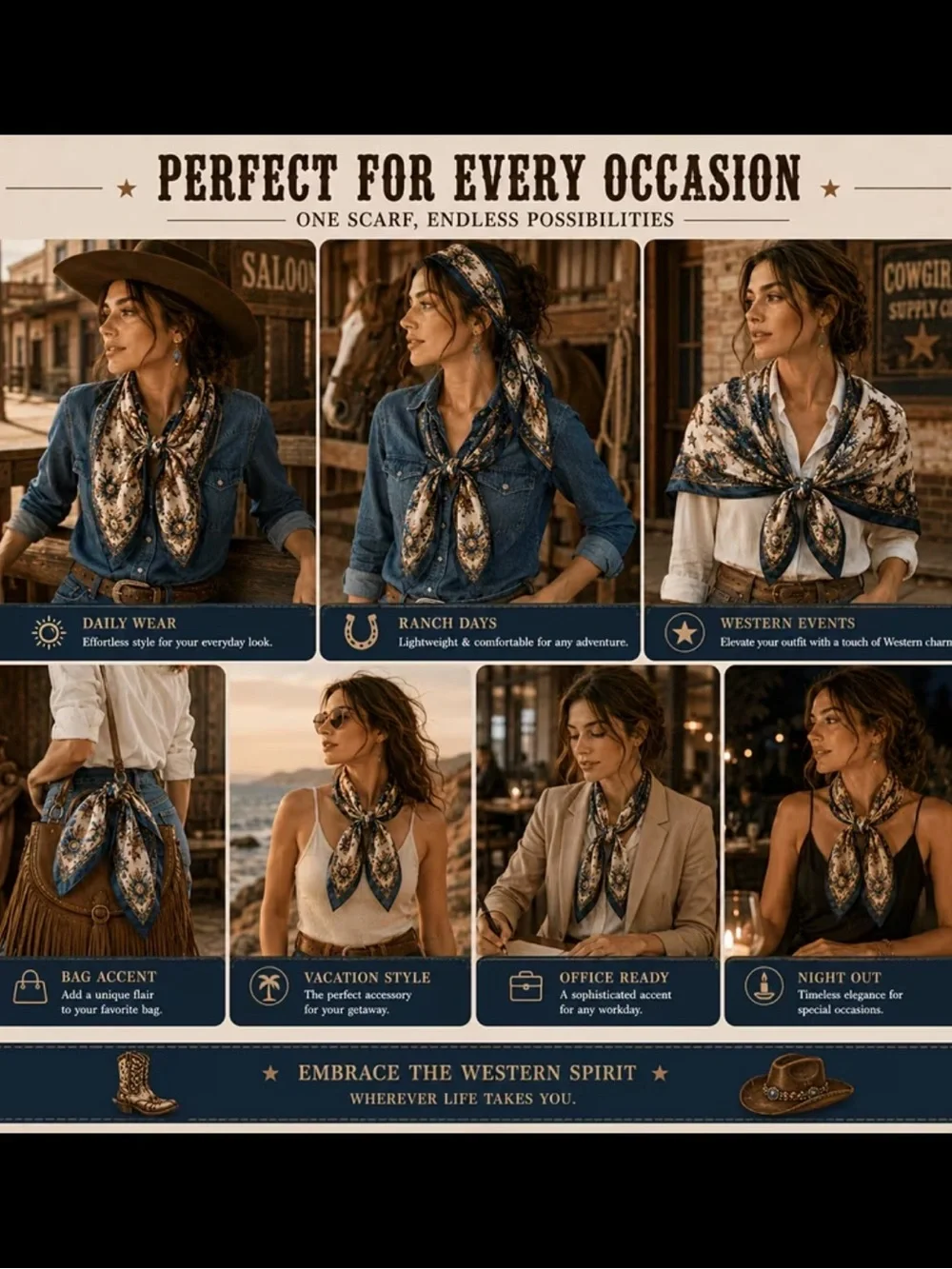 Western Boot Print Scarf & Wrap — Blue and Cream